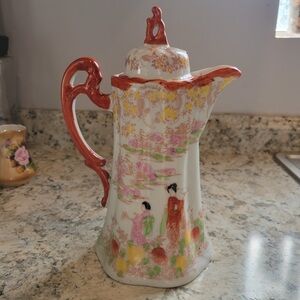 Vintage Japanese Geisha Girl Hand Painted Porcelain Chocolate Pot w/ Lid